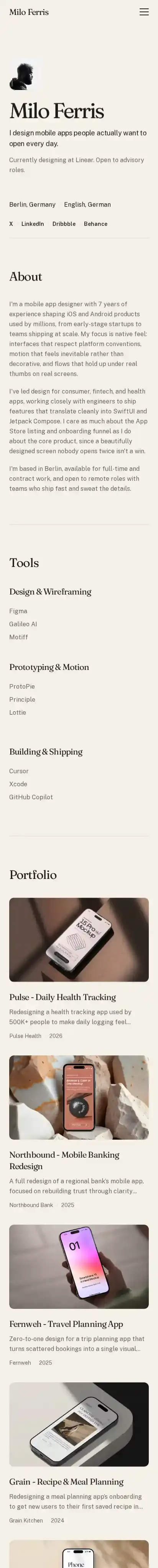 Milo Ferris home page on mobile