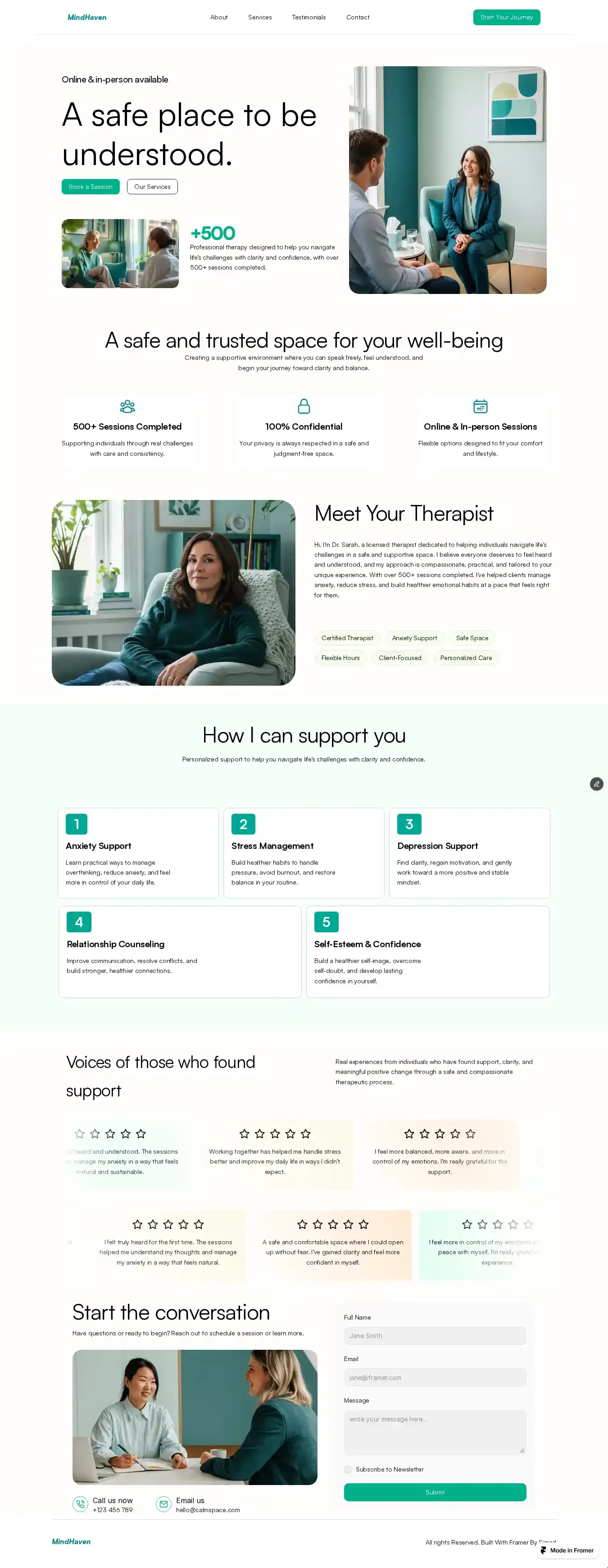 Mind Haven home page on desktop