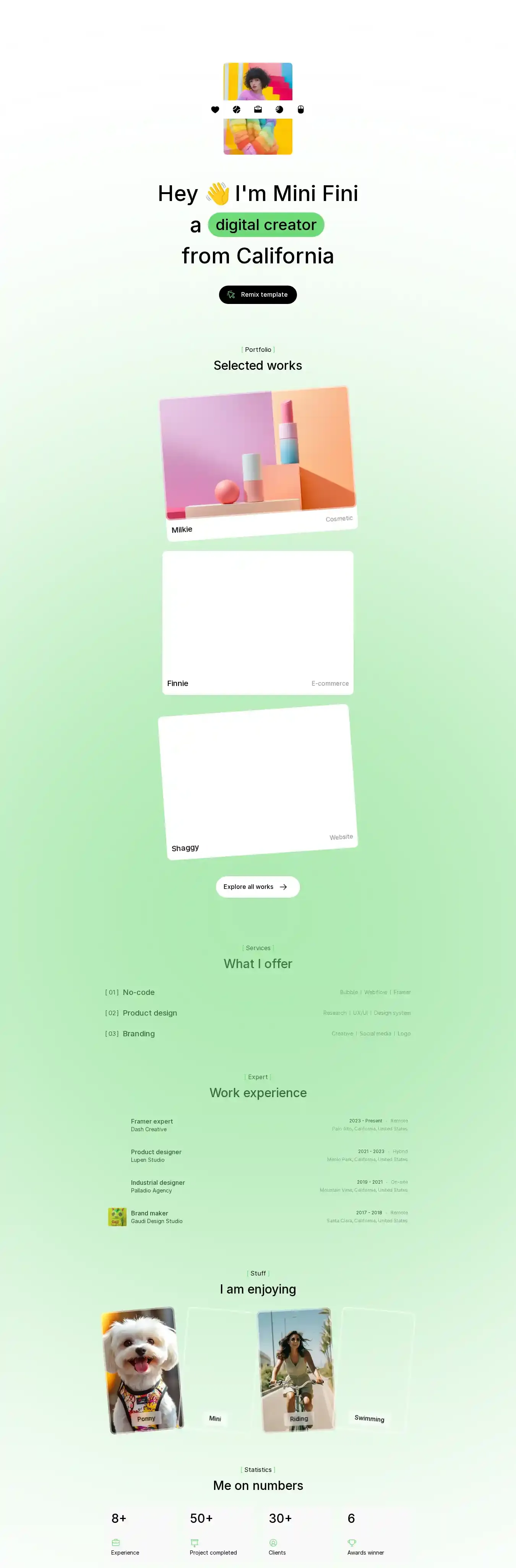 Mini fini home page on desktop