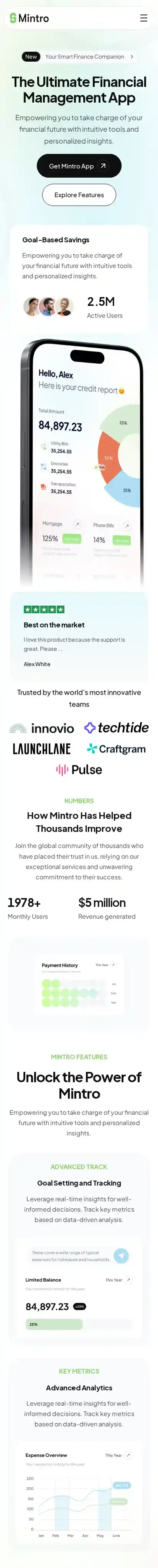 Mintro home page on mobile