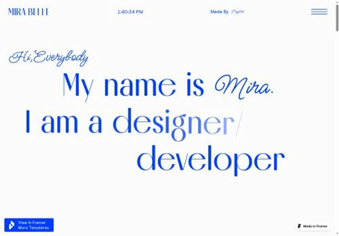 Mira Belle home page on desktop