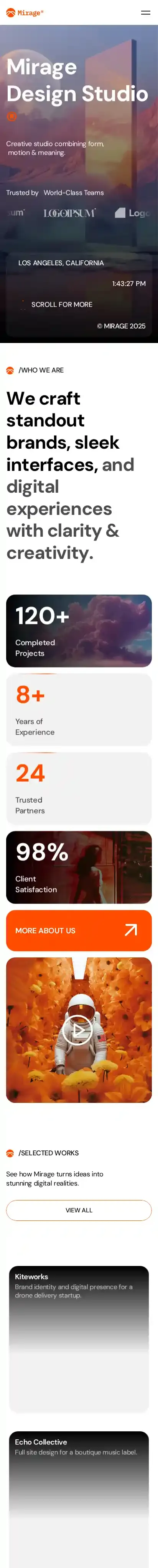 MirageStudio home page on mobile