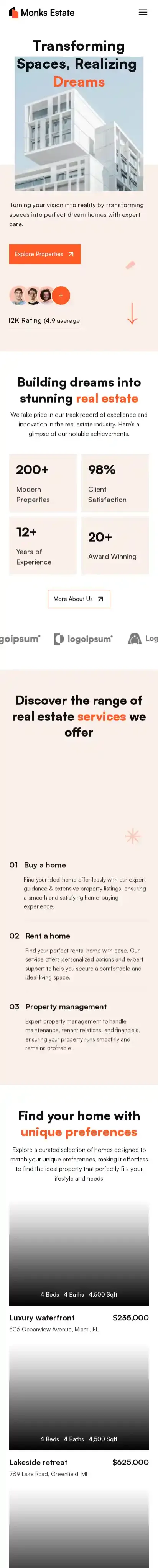 Monks Estate home page on mobile