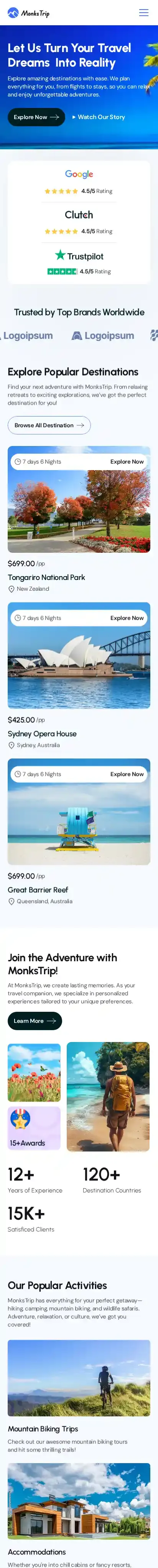 MonksTrip home page on mobile