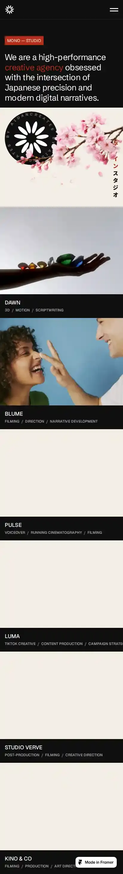 MONO STUDIO home page on mobile