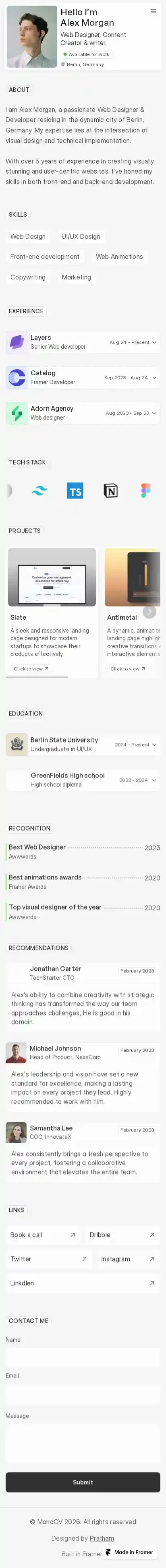 MonoCV home page on mobile