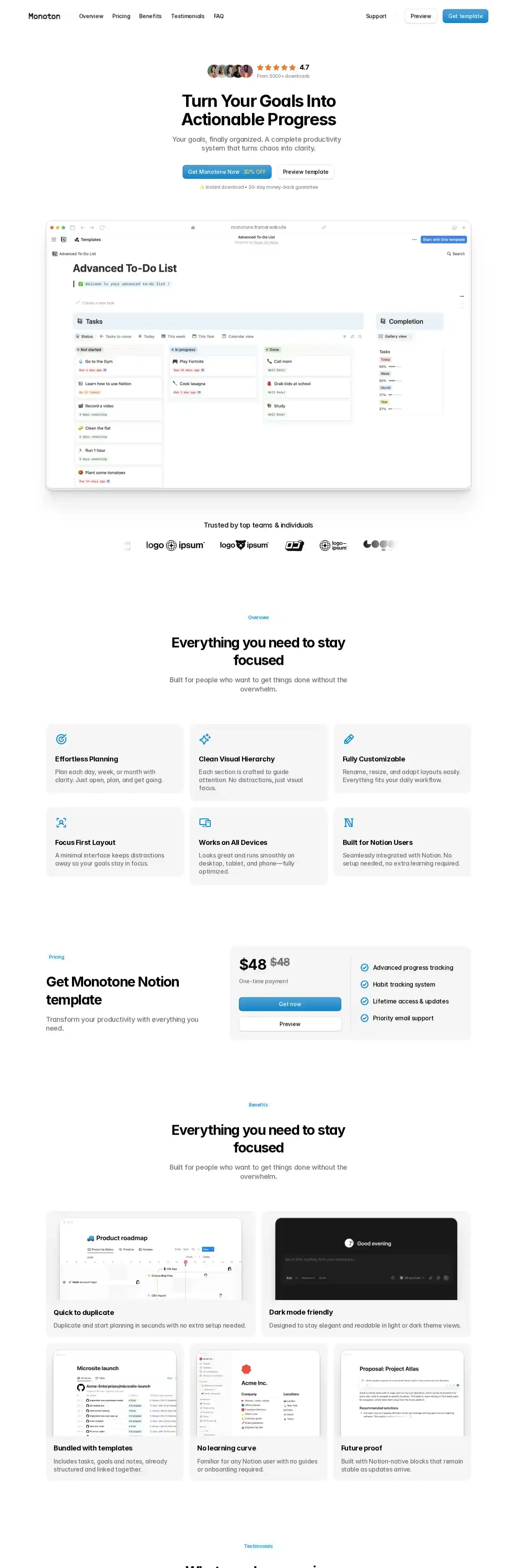 Monotone home page on desktop