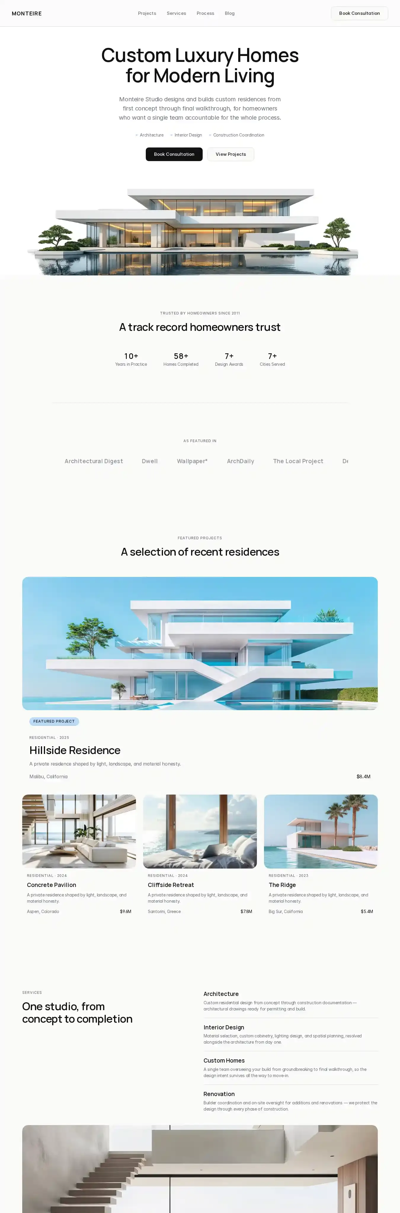 Monteire home page on desktop