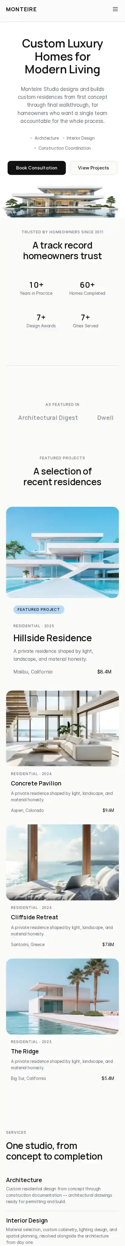 Monteire home page on mobile