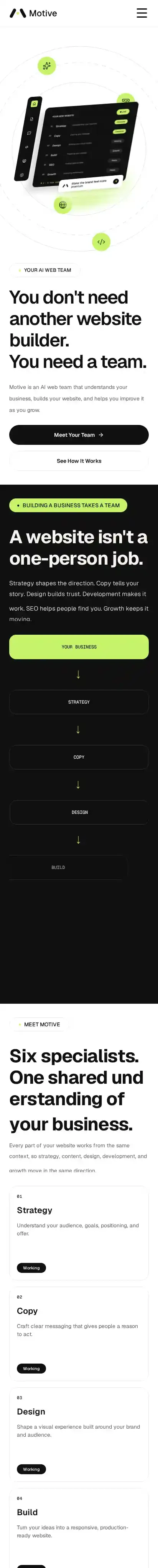Motive - Web Team home page on mobile
