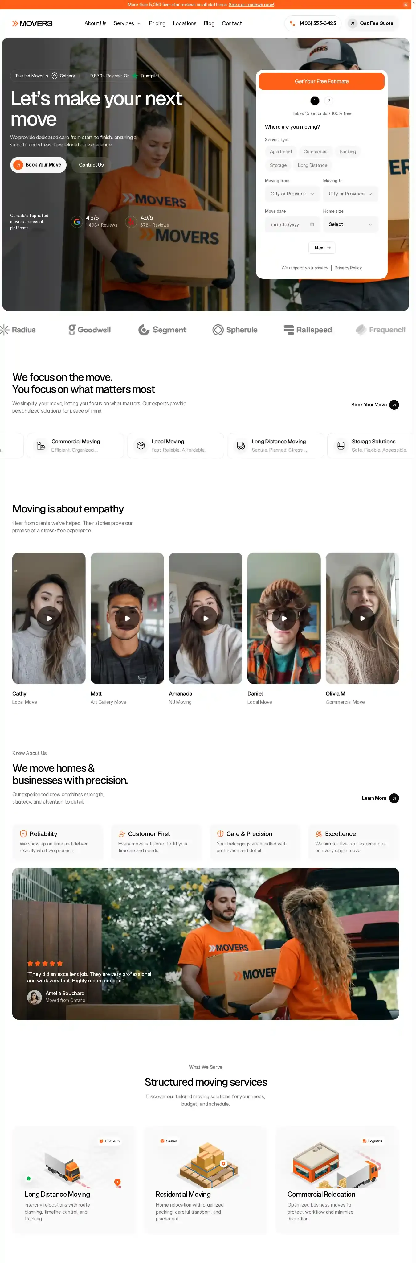 Movers home page on desktop