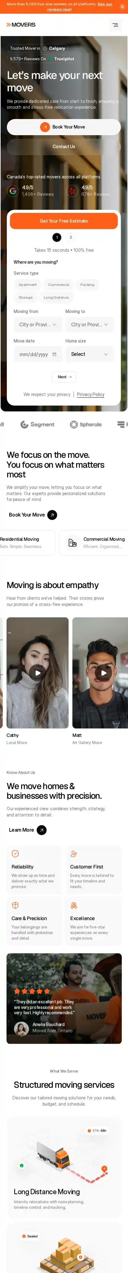 Movers home page on mobile
