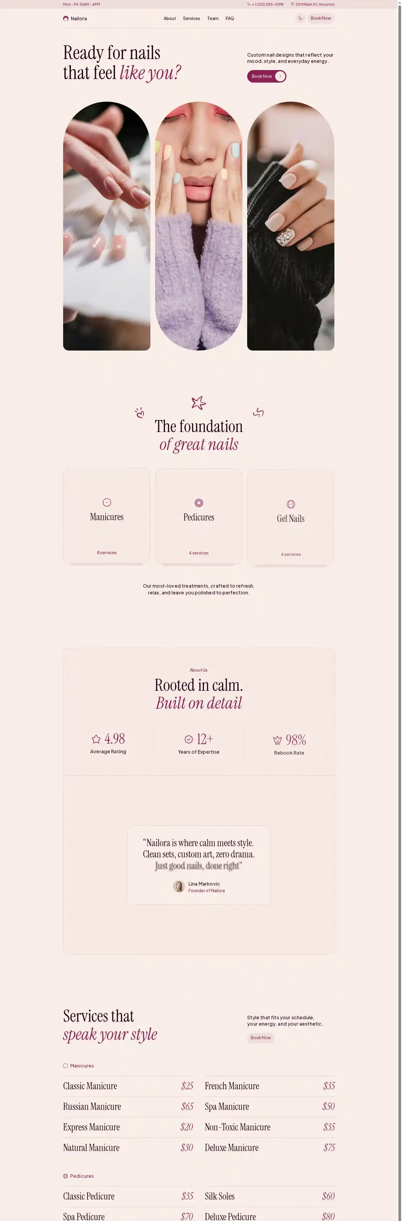 Nailora home page on desktop
