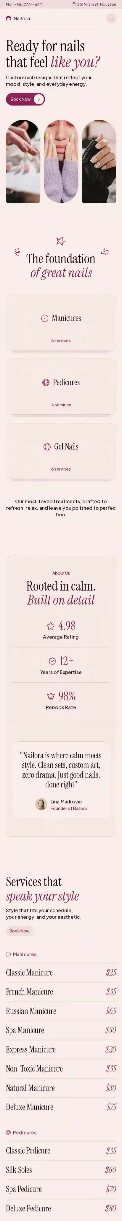 Nailora home page on mobile
