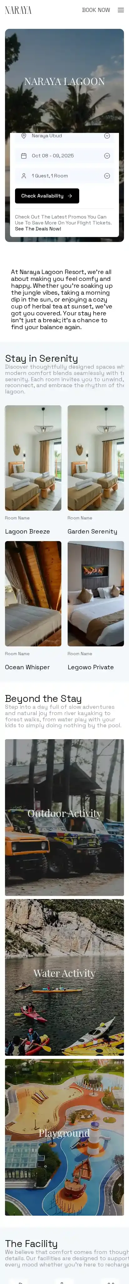 Naraya Lagoon home page on mobile