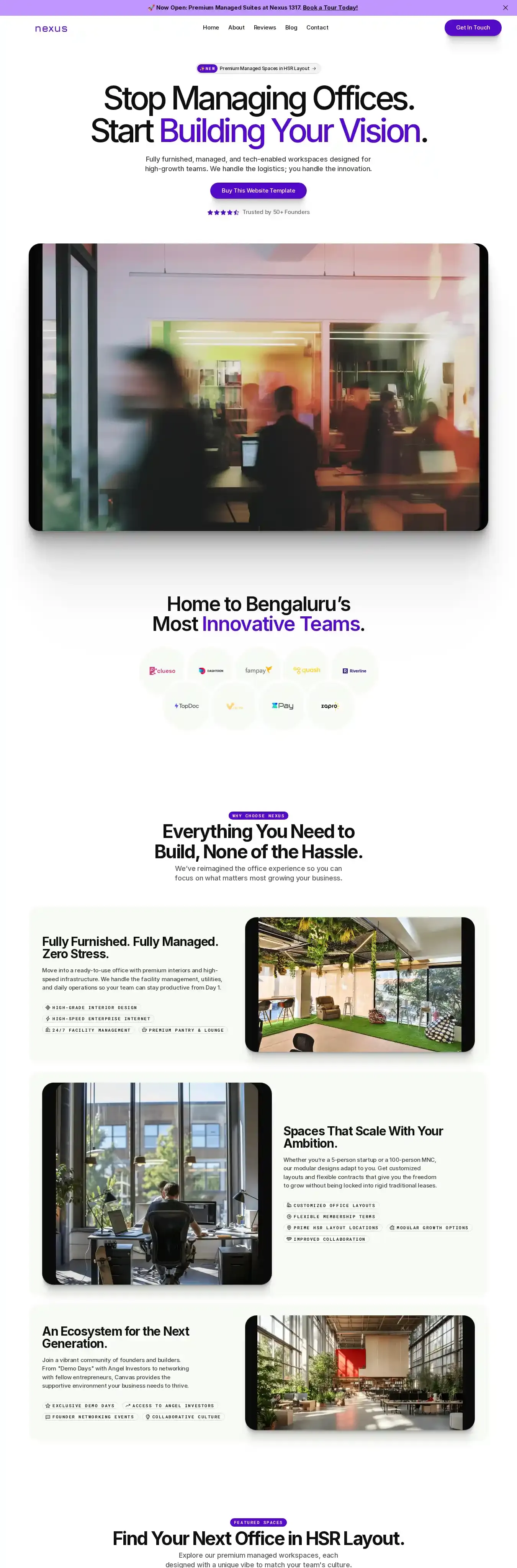 Nexus Coworking home page on desktop