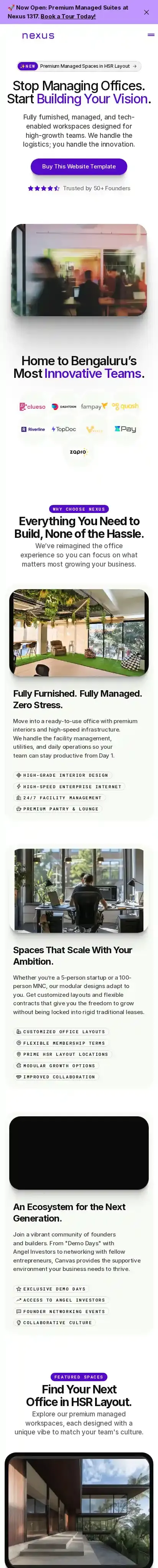 Nexus Coworking home page on mobile