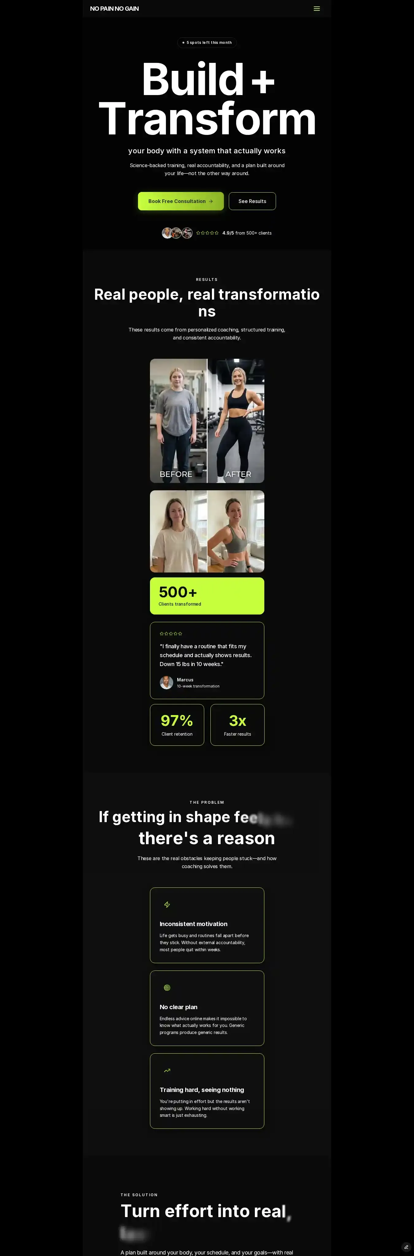 No Pain No Gain home page on desktop