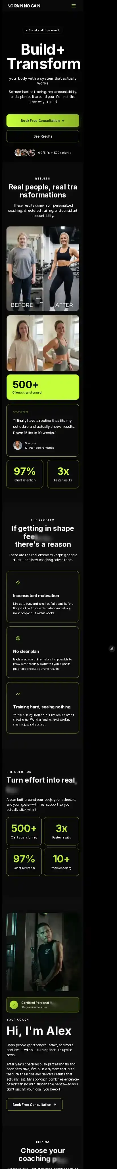 No Pain No Gain home page on mobile