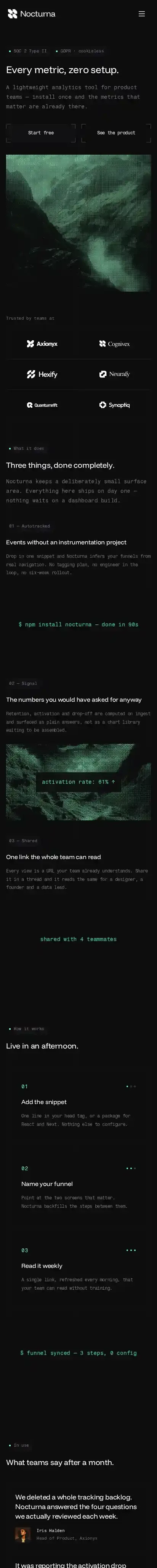 Nocturna home page on mobile