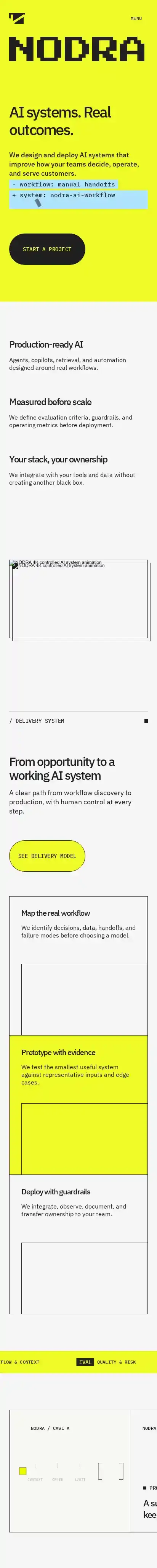 NODRA home page on mobile
