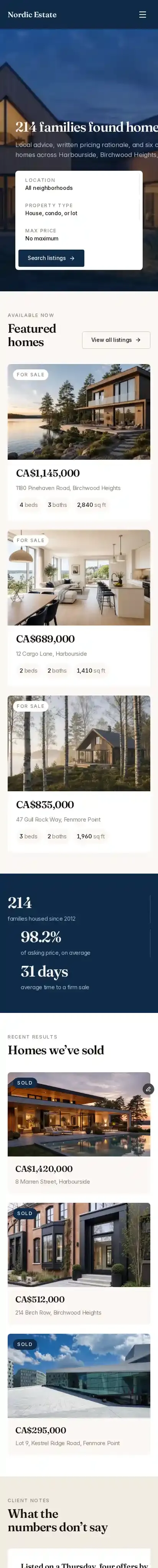 Nordic Estate home page on mobile