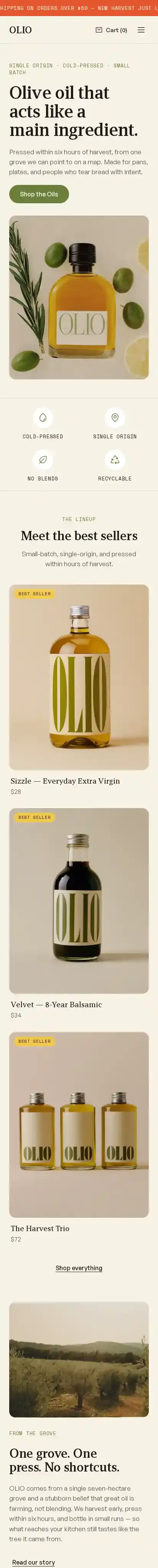 Olio Store home page on mobile