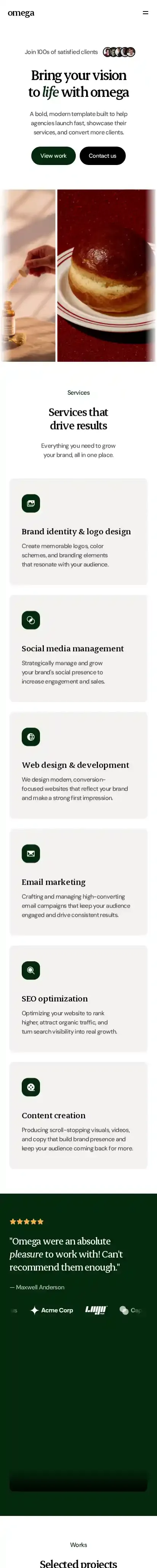 Omega home page on mobile