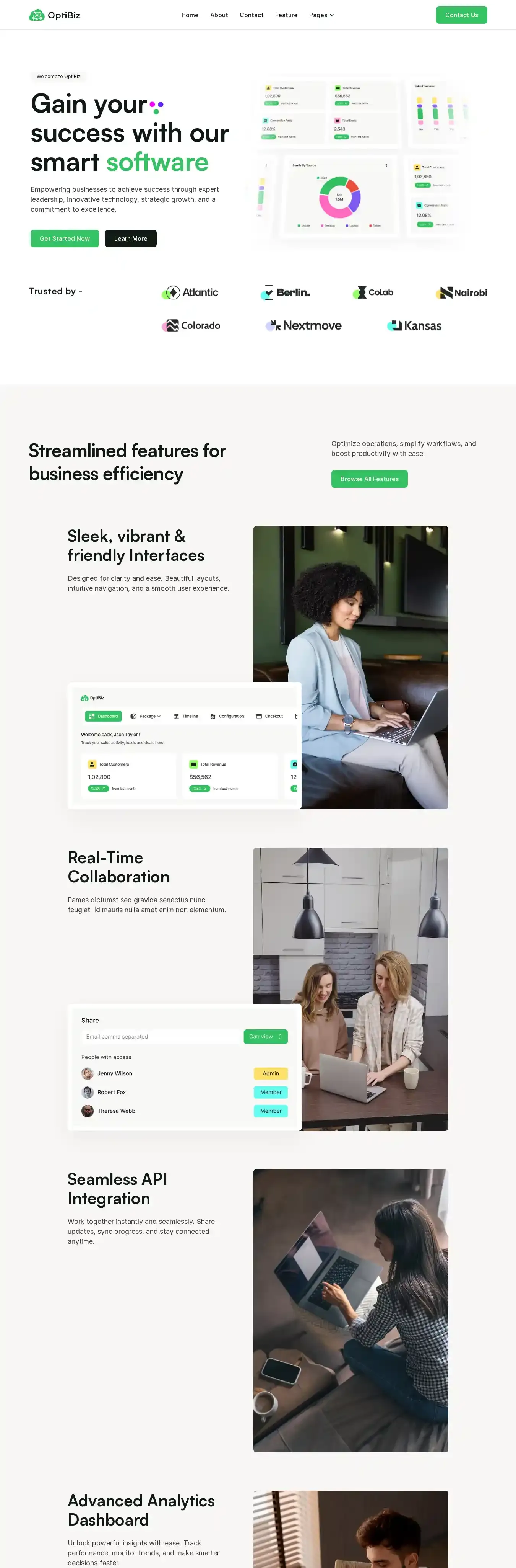 Optibiz home page on desktop