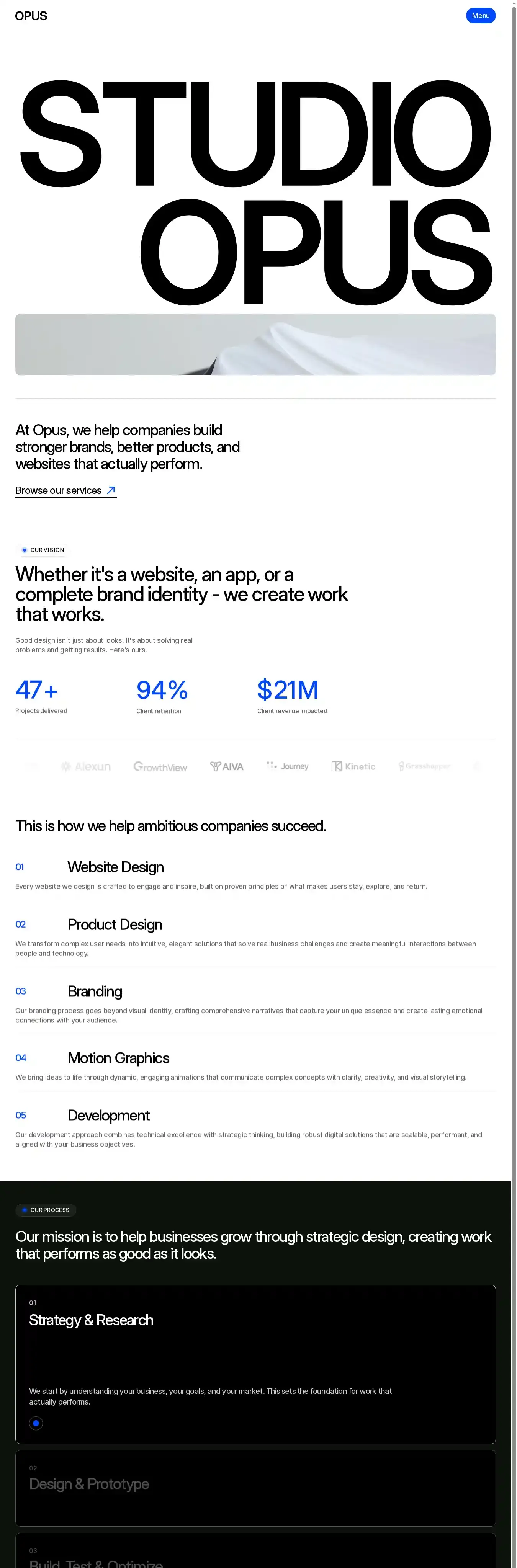 Opus home page on desktop