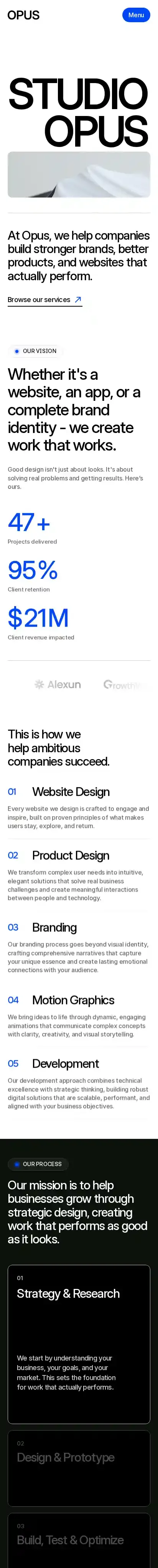 Opus home page on mobile