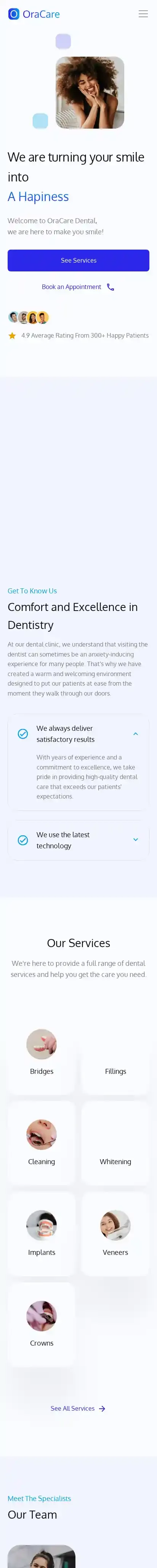 OraCare home page on mobile