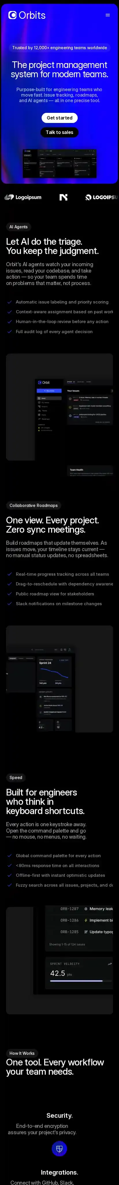 Orbits home page on mobile