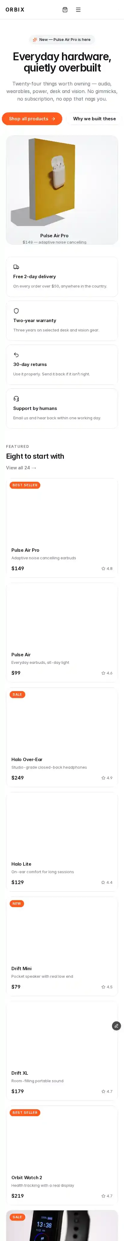 Orbixx home page on mobile
