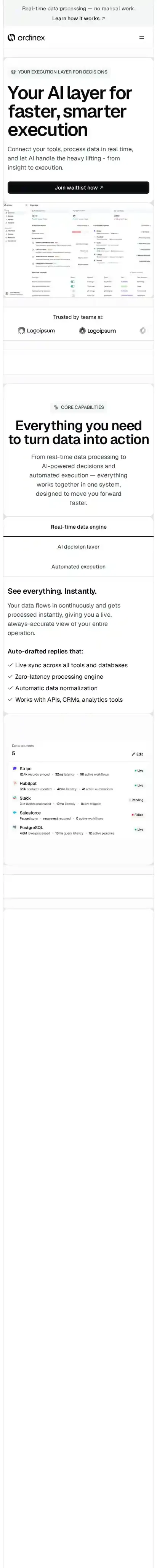Ordinex home page on mobile