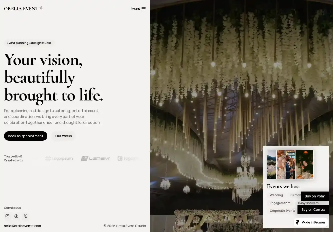 Orelia Event® home page on desktop