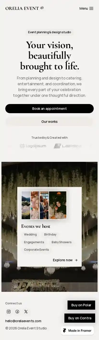 Orelia Event® home page on mobile