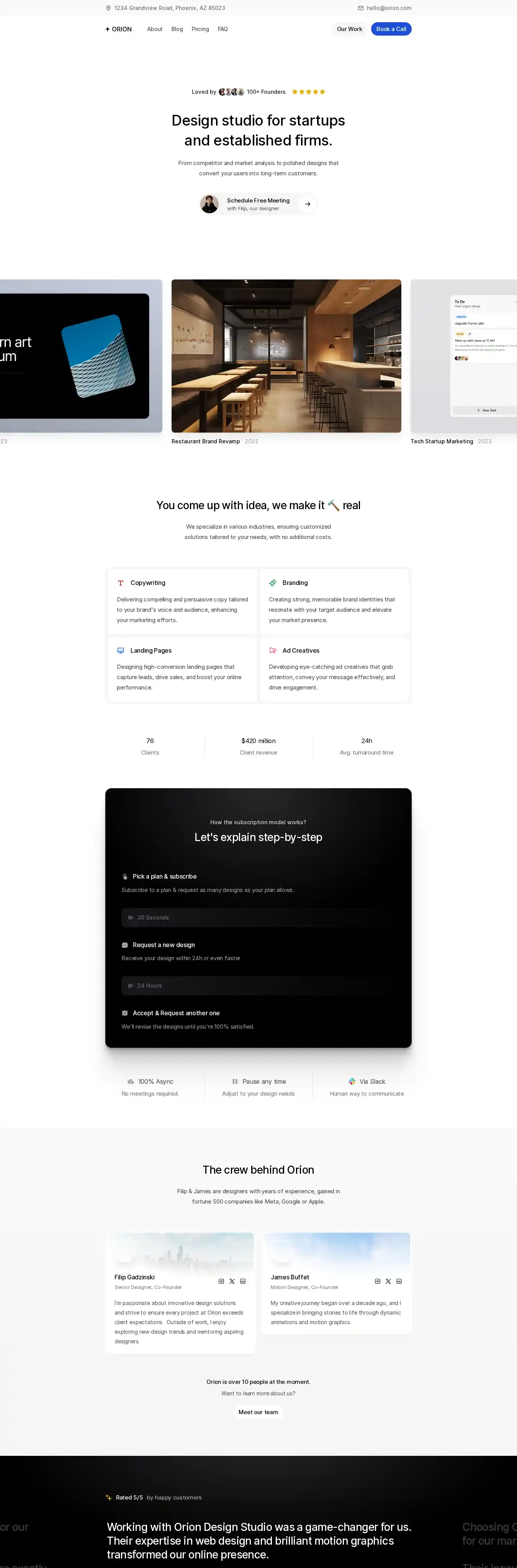 Orion home page on desktop