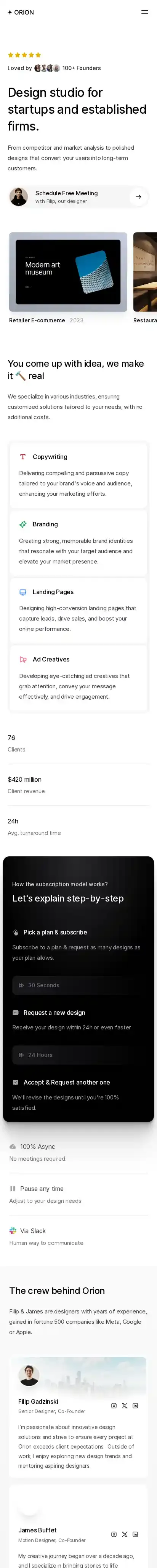 Orion home page on mobile