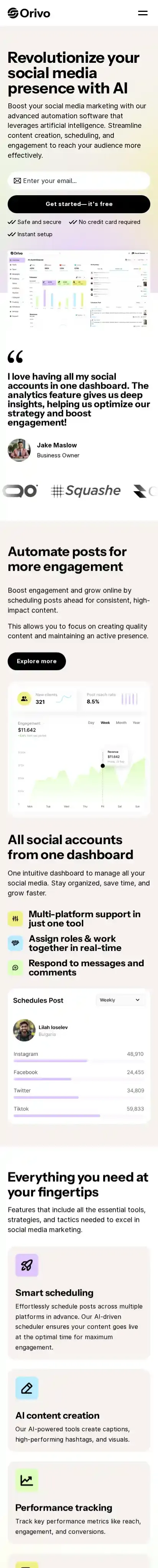 Orivo home page on mobile