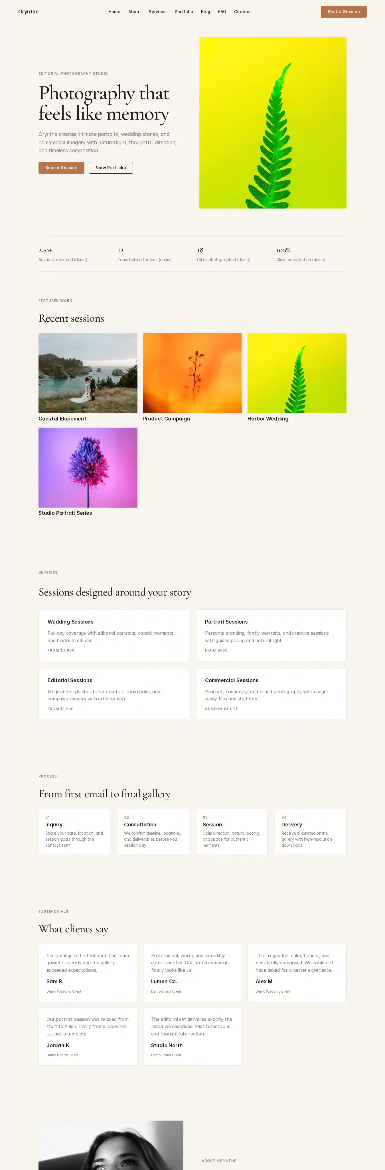 Orynthe home page on desktop