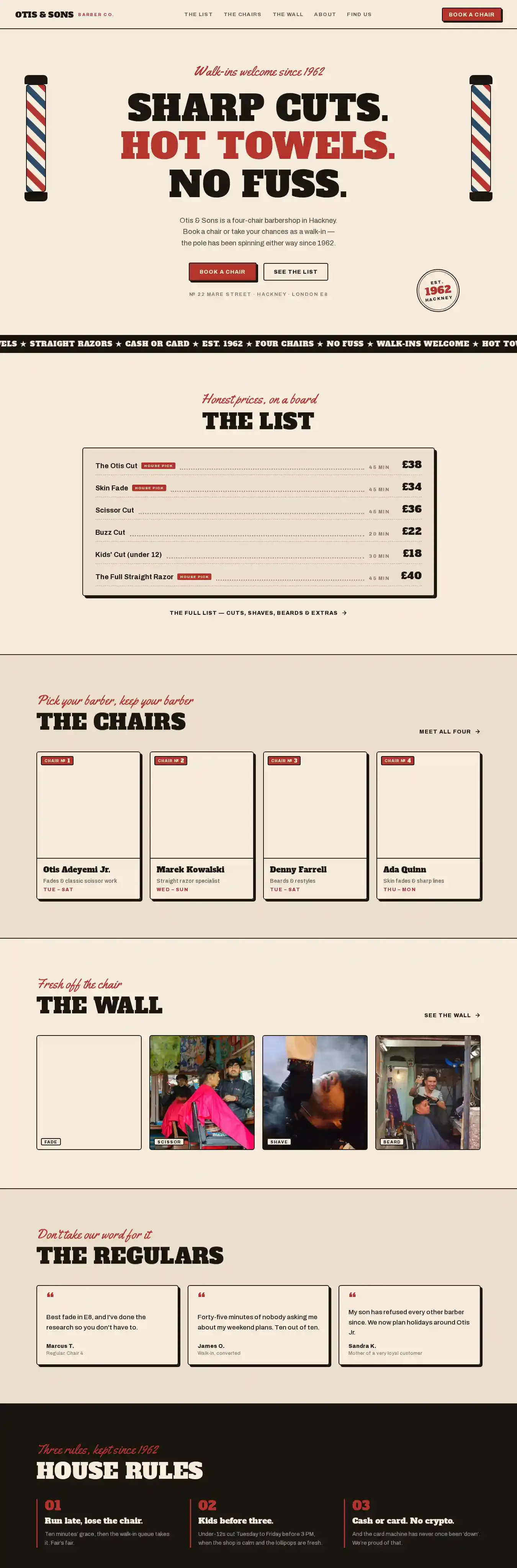 Otis + Sons home page on desktop