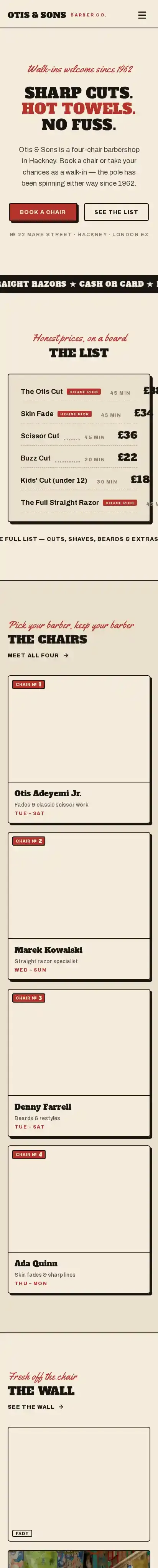 Otis + Sons home page on mobile