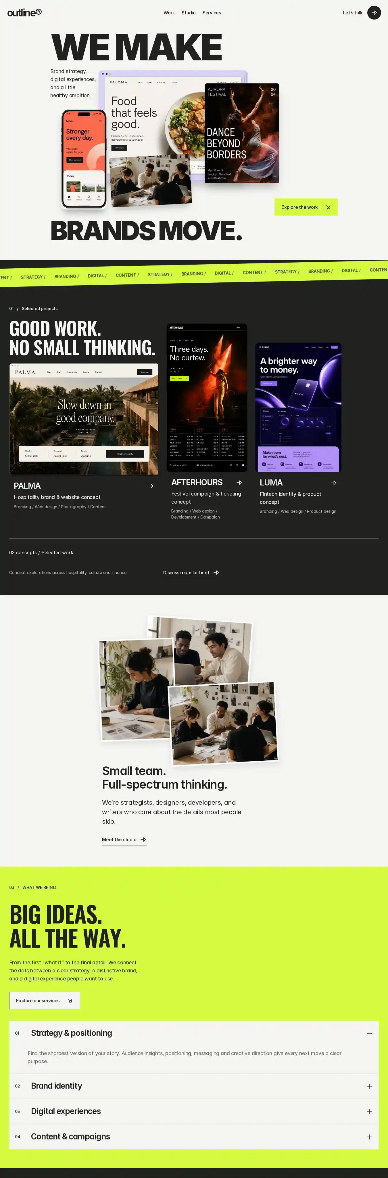 Outline Atelier home page on desktop