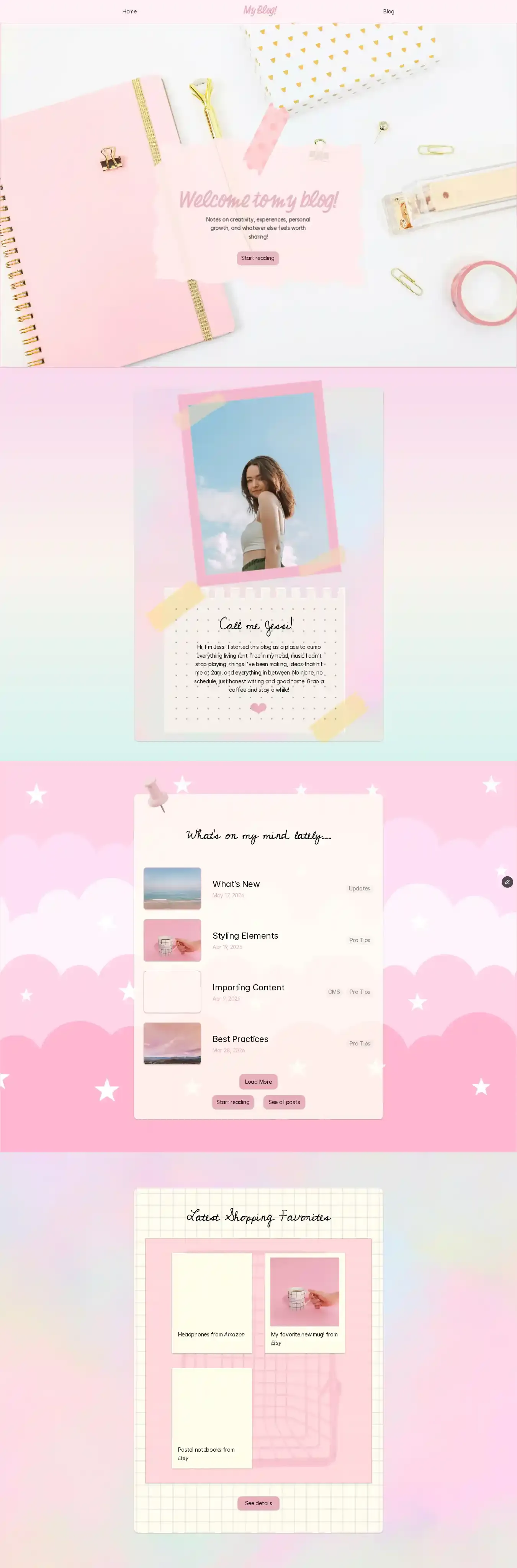PastelDreams home page on desktop