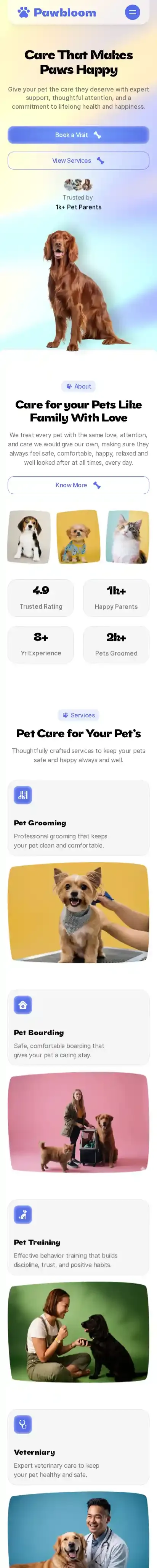 Pawbloom home page on mobile