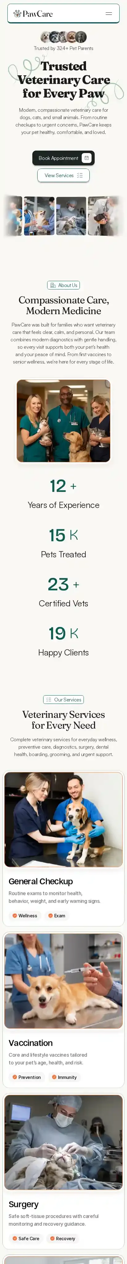 PawCare home page on mobile