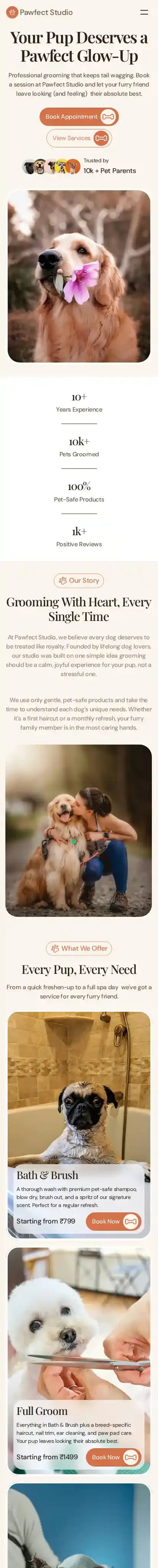 Pawfect Studio home page on mobile