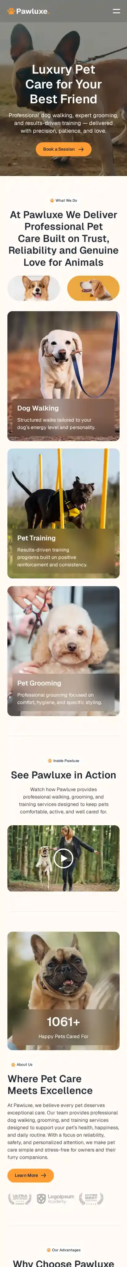 Pawluxe home page on mobile