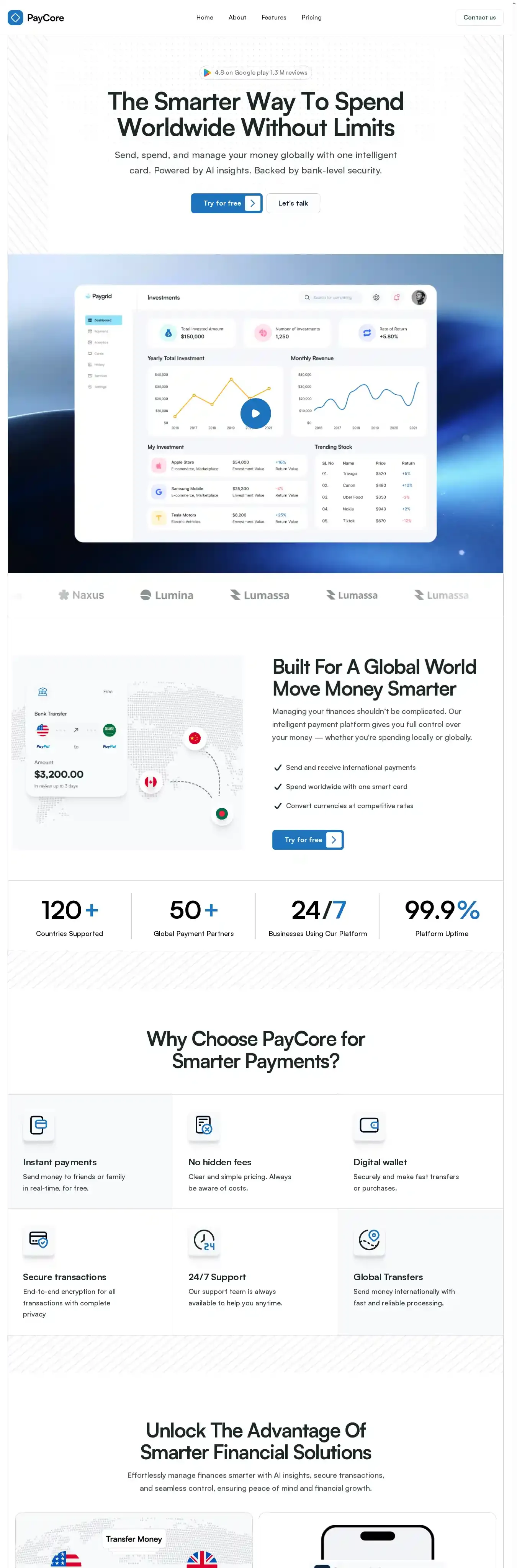 Paycore home page on desktop